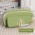 Canvas button-closure pencil case in beige, shown open with pens inside, demonstrating its large capacity.