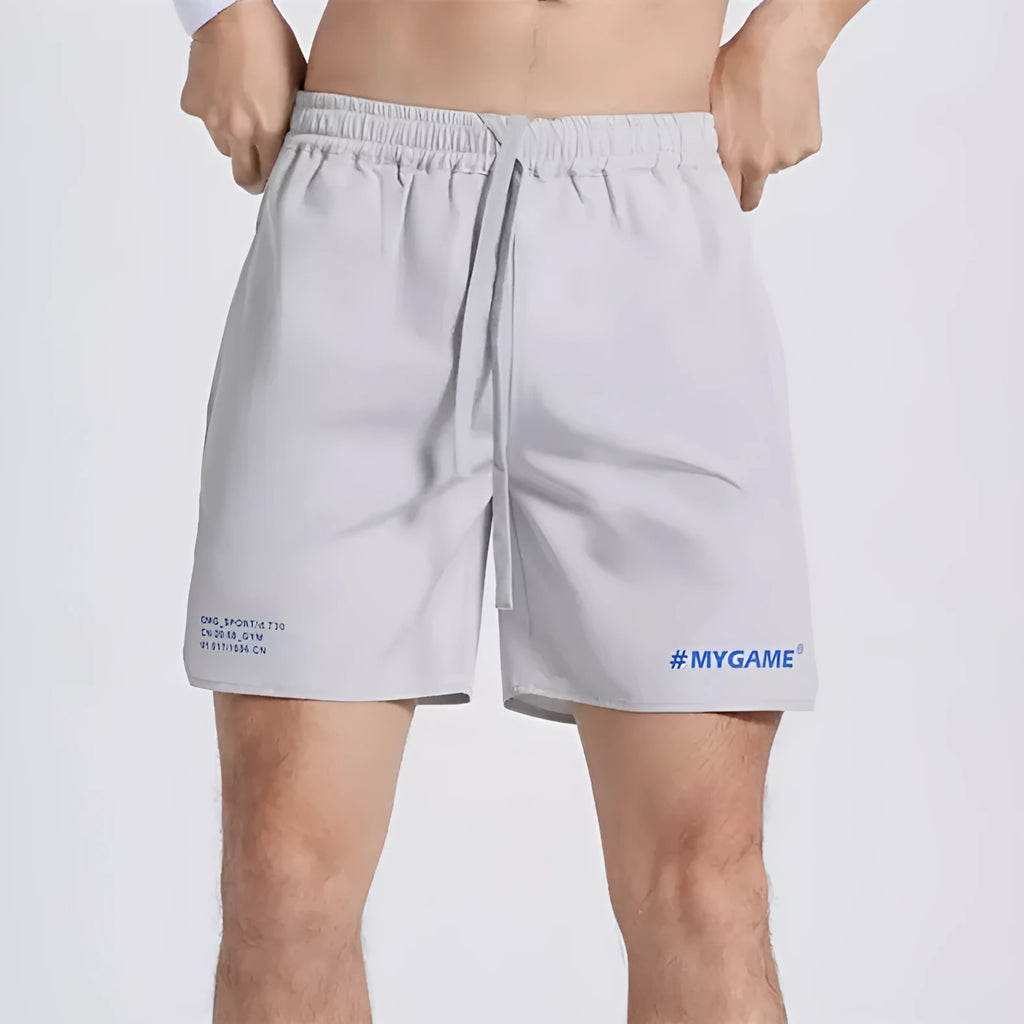 Men's training fitness shorts in blue, black, grey, or white with moisture-wicking fabric.