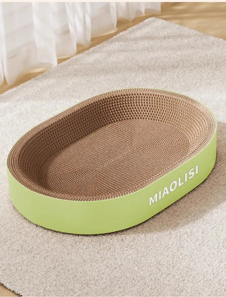 Green oval corrugated paper cat scratch board with cat nest, 55cm diameter