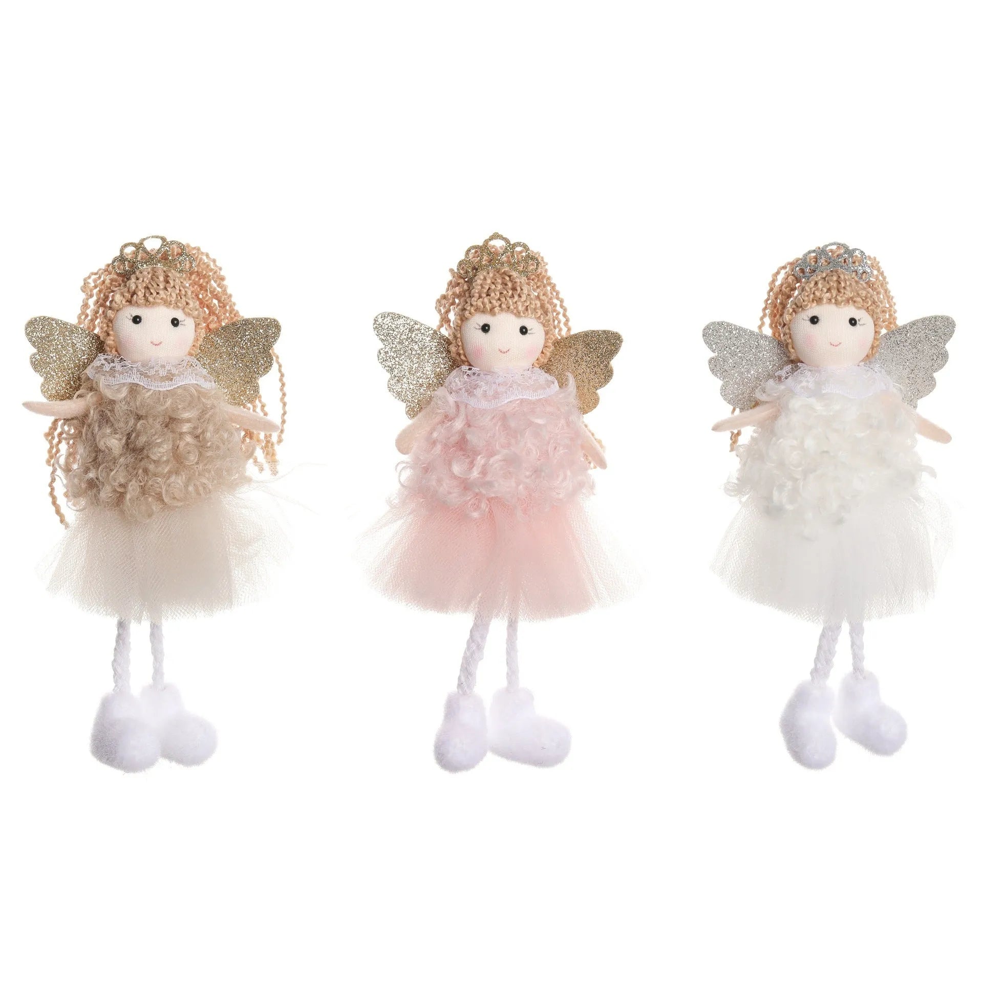 Fabric Christmas angel girl pendant hair accessory for a high ponytail in white, pink, and khaki