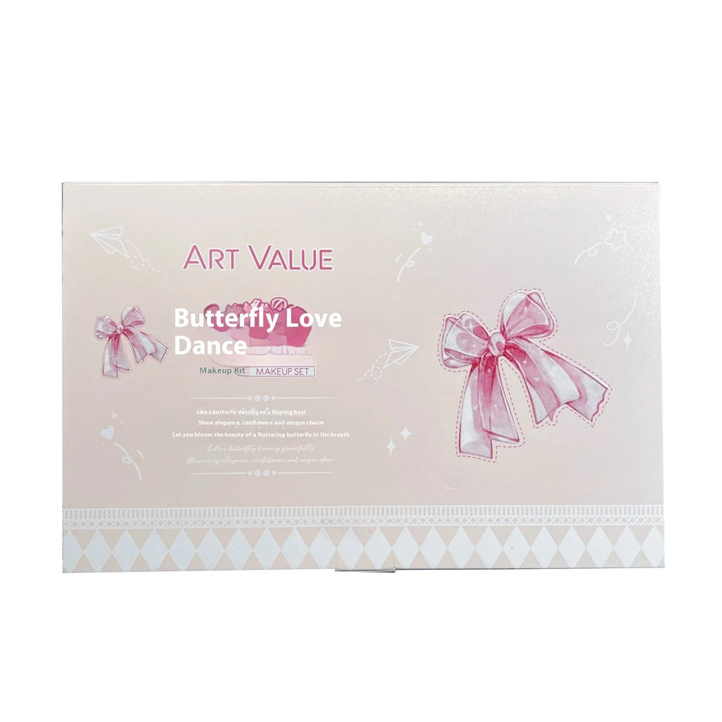 Butterfly box makeup set containing four matte lip muds, powder blusher, and coordinating necklace