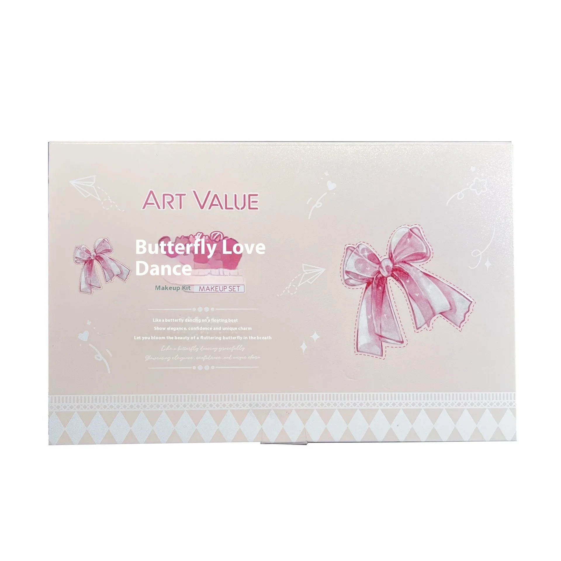 Butterfly box makeup set containing four matte lip muds, powder blusher, and coordinating necklace