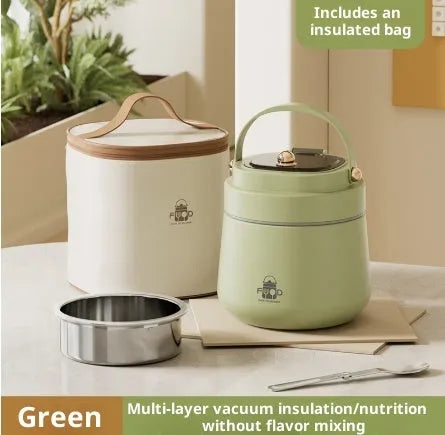 304 stainless steel extra long insulated lunch box in beige with utensils and thermal bag