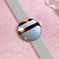 Women's smart watch with circular aluminium alloy case and metal strap showing colour touch screen