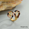 Geometric leopard print open mouth ring in stainless steel, shown in various colour options.