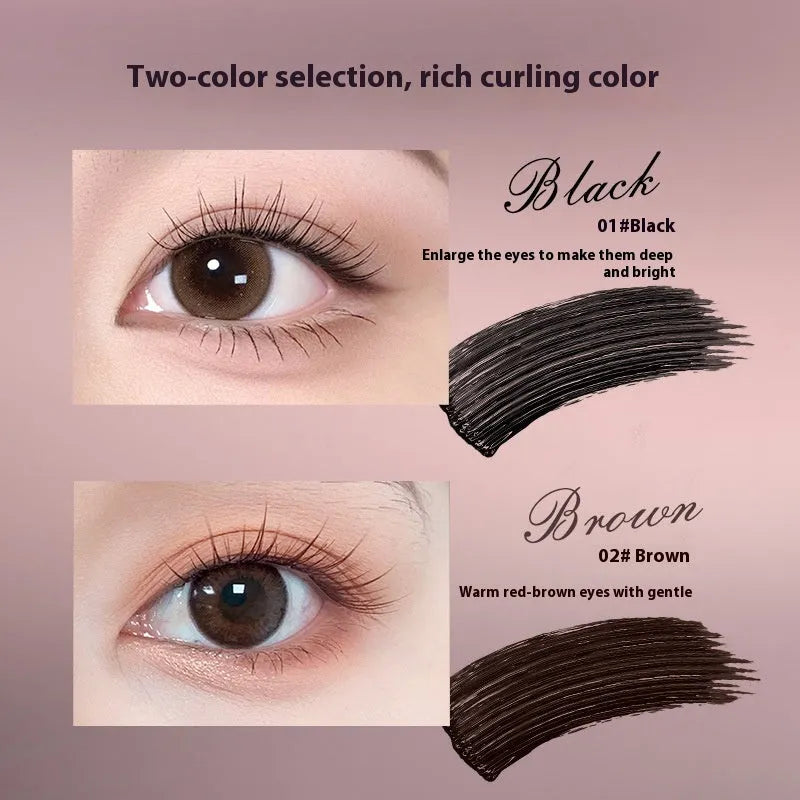 Long curling mascara tube in black or brown colour for long-lasting definition.