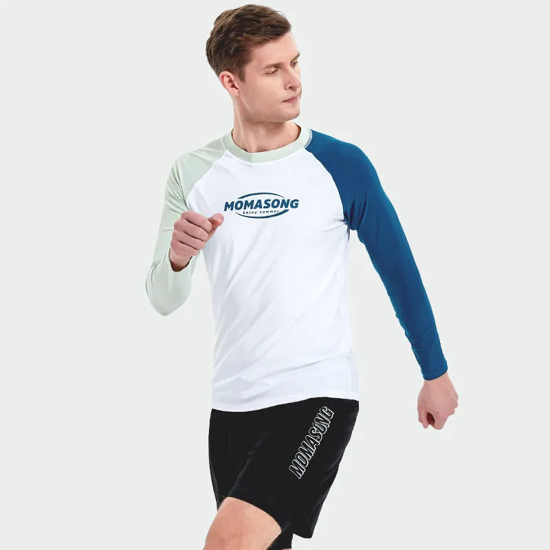 Men's white long-sleeved swimsuit top with matching double-layer swimming trunks for beach sports