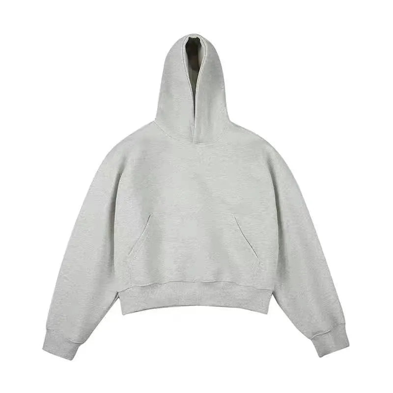 Short black Chinese cotton composite velvet hooded sweater with a removable hood on a hanger.