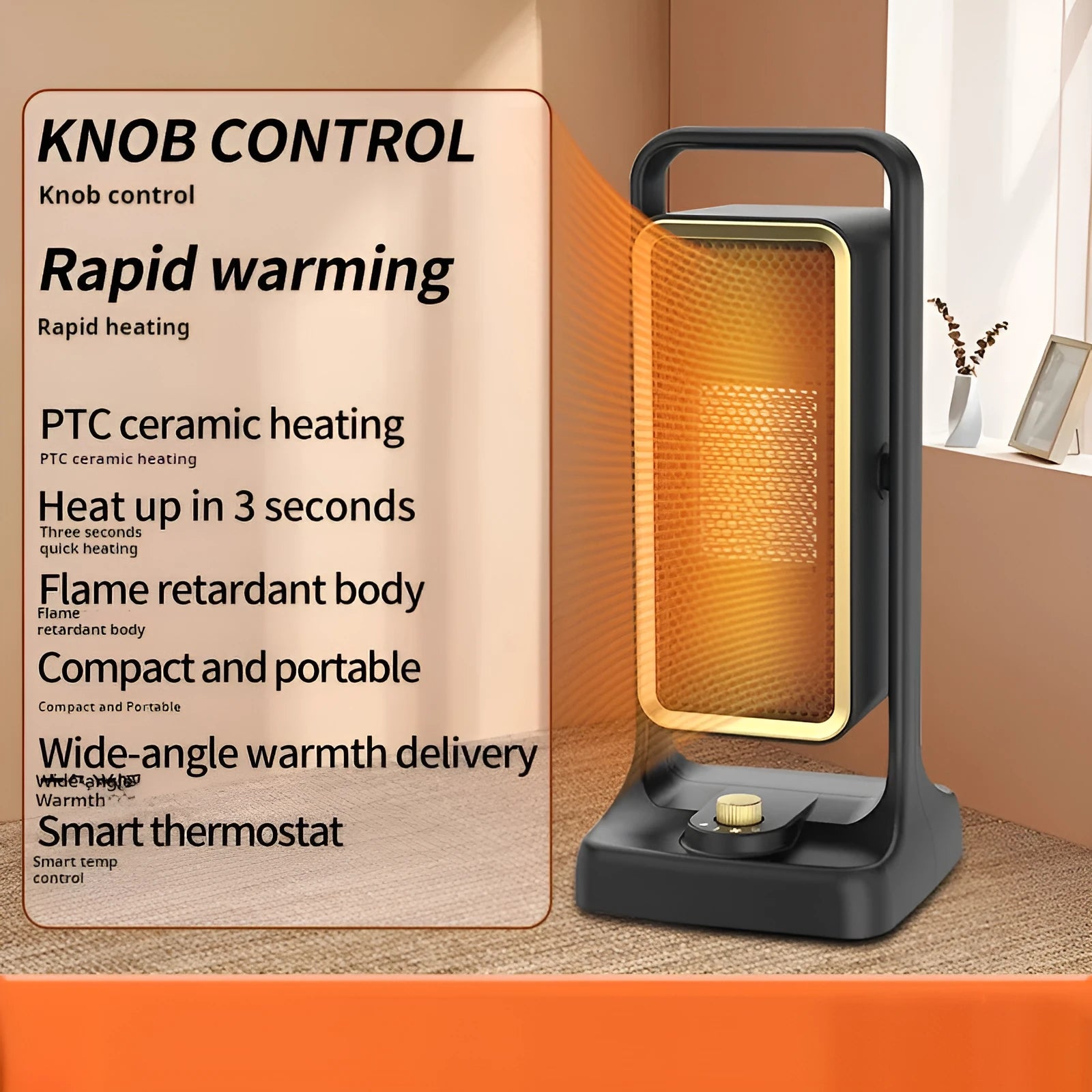 Black compact PTC desktop warm air blower heater with control knob on a desk.