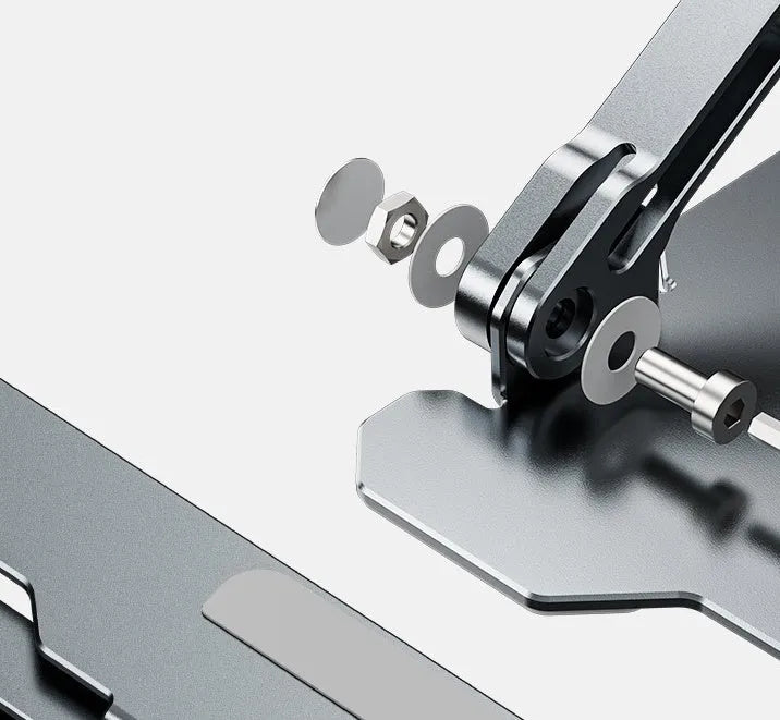 Grey aluminium alloy laptop stand showing adjustable angle mechanism and hollow heat dissipation design