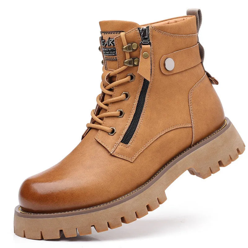 Men's brown leather high-top boots with side zip, thermal lining, and rubber sole