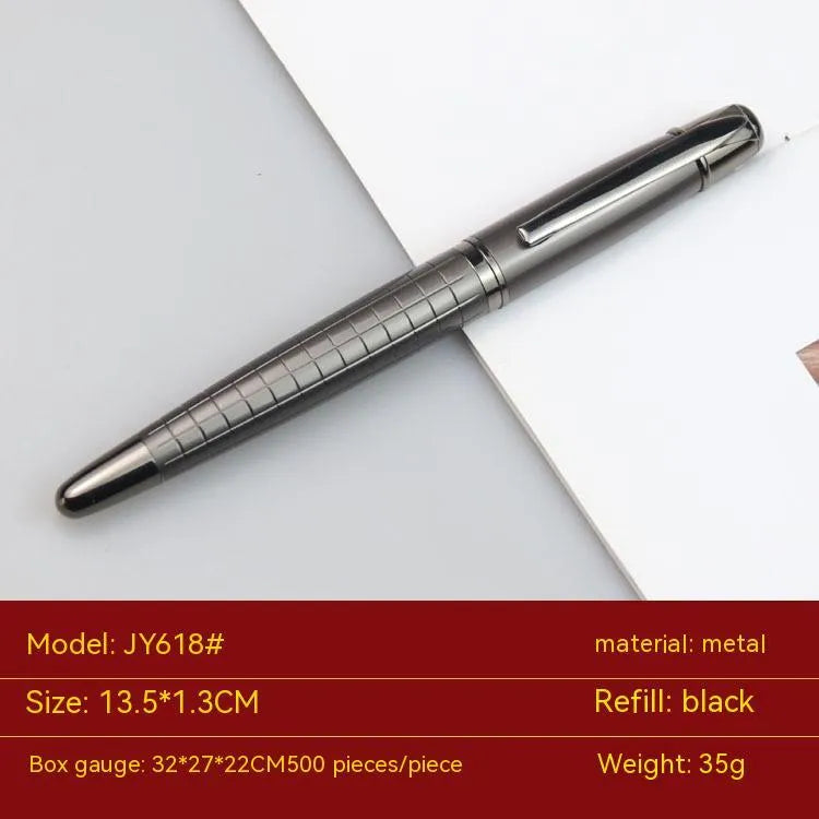 Grey metal roller pen with 13.5cm barrel and water-based ink refill