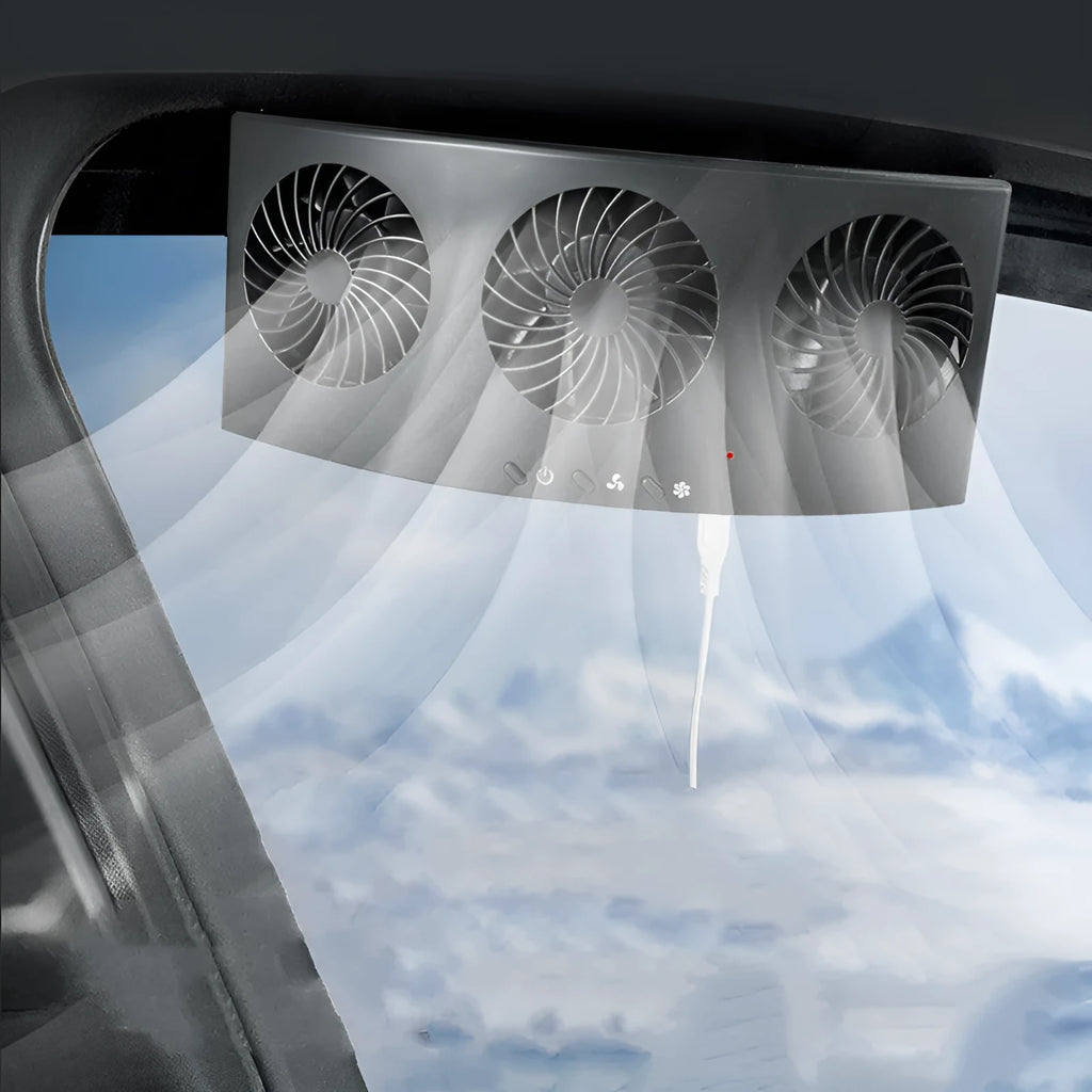 Black and white USB-powered car ventilation fan for interior air circulation and odour reduction