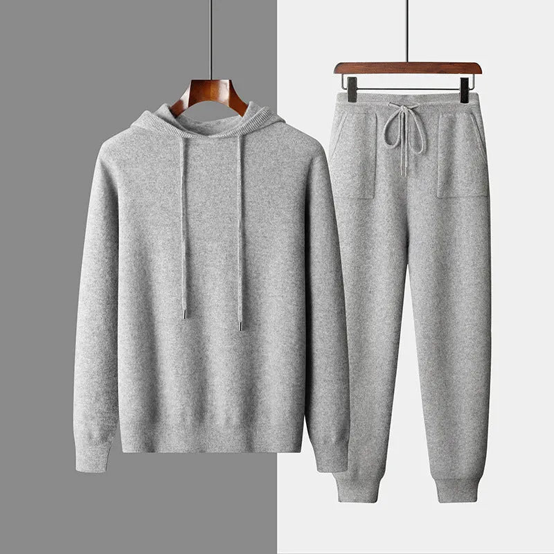 Men's light grey cashmere hooded sweatshirt and matching trousers set for winter leisure wear