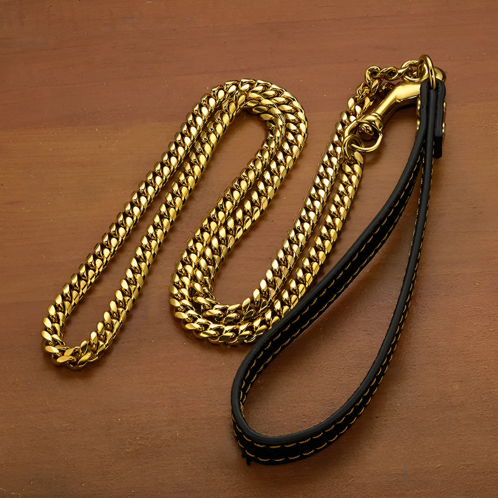 Stainless steel Cuban link chain dog hand holding rope with black leather in 10mm gold colour