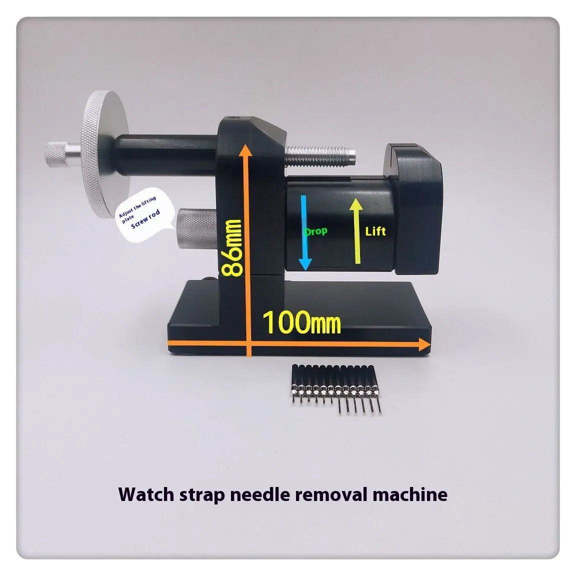 Alloy steel watch strap stripping machine tool for watch repair on a workbench.