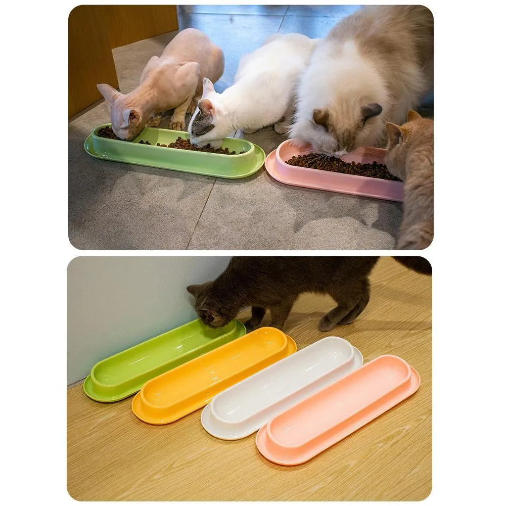 Set of four raised plastic pet bowls in green, pink and yellow colours with spill guard rims