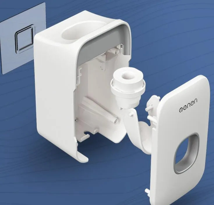 Blue automatic toothpaste dispenser mounted on bathroom wall with one-touch dispensing mechanism