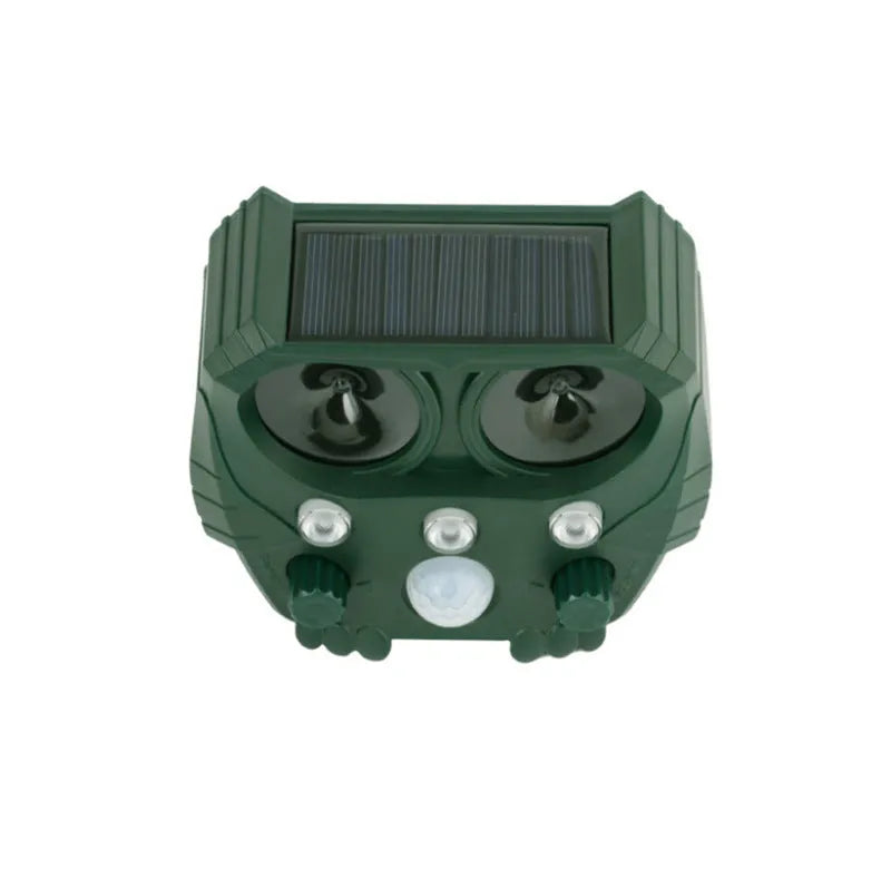 Green solar ultrasonic animal repeller with LED strobe lights for outdoor pest control