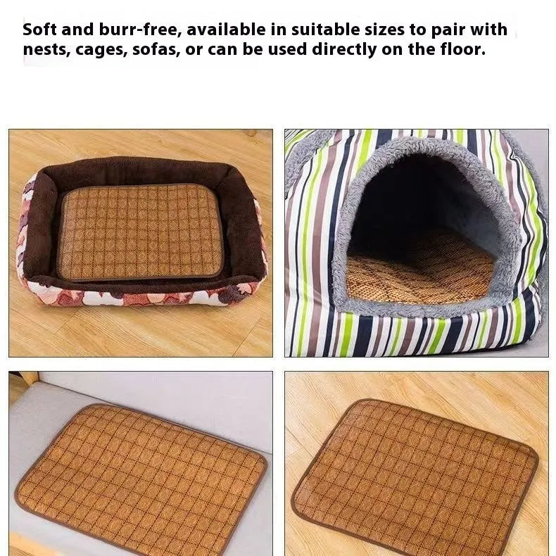 Brown woven rattan dog cooling mat for summer, shown in a large size.
