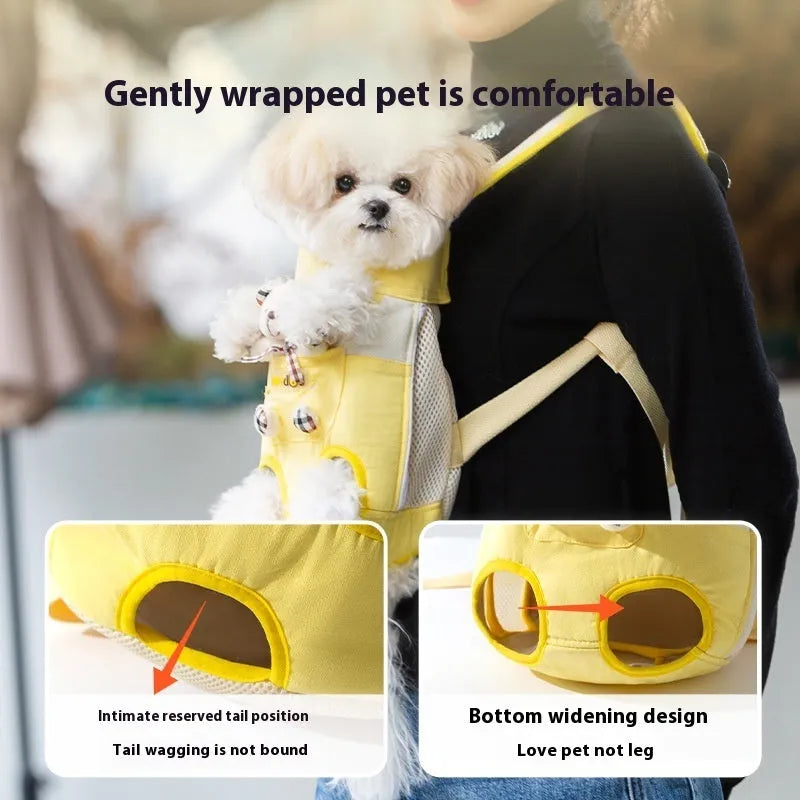 Canvas pet chest bag with animal pattern and colourful stitching in portable design for cat transport