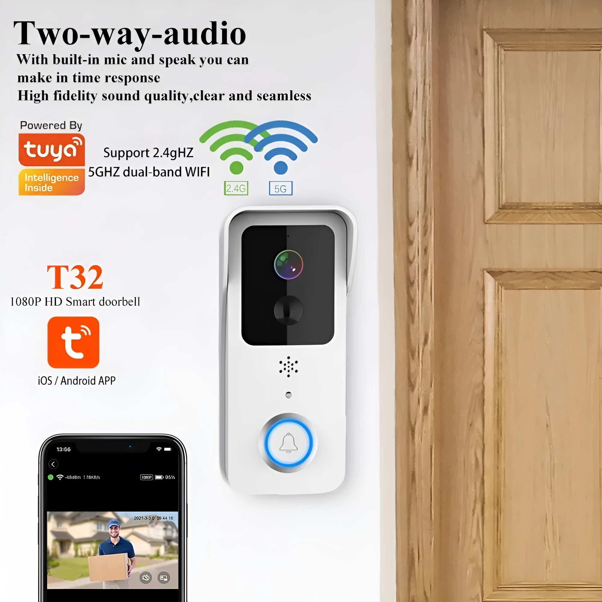 Waterproof smart visual doorbell with HD camera and remote intercom functionality