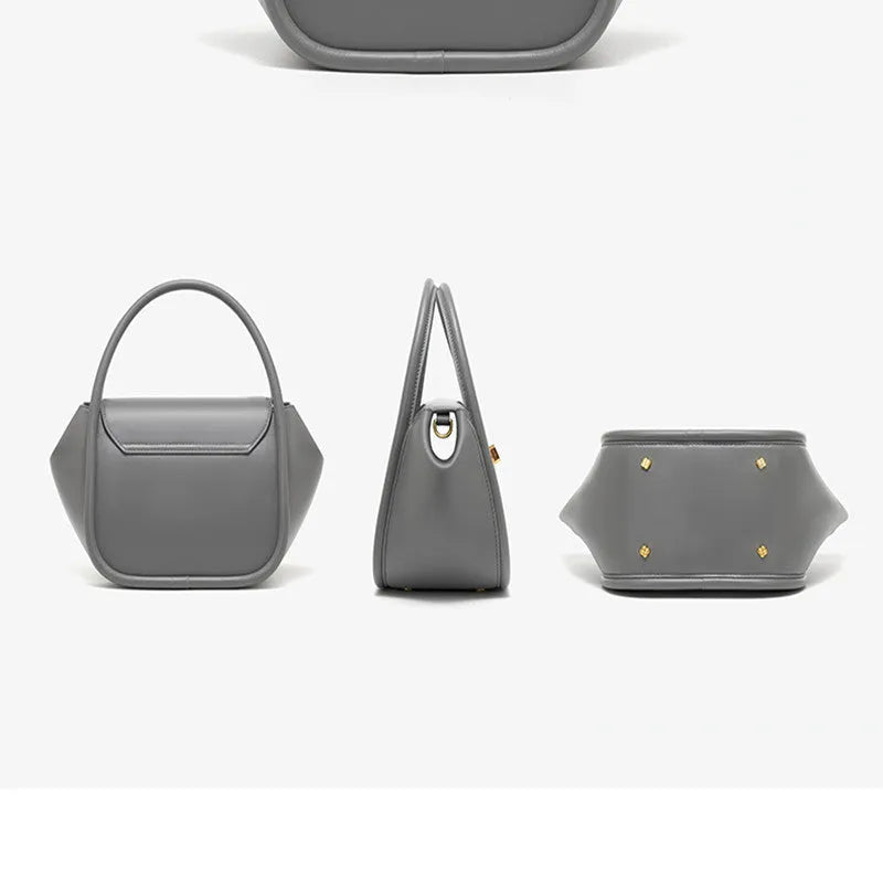 A wing-shaped cow leather tote bag with a buckle latch closure, shown in blue with a single cross-body strap.