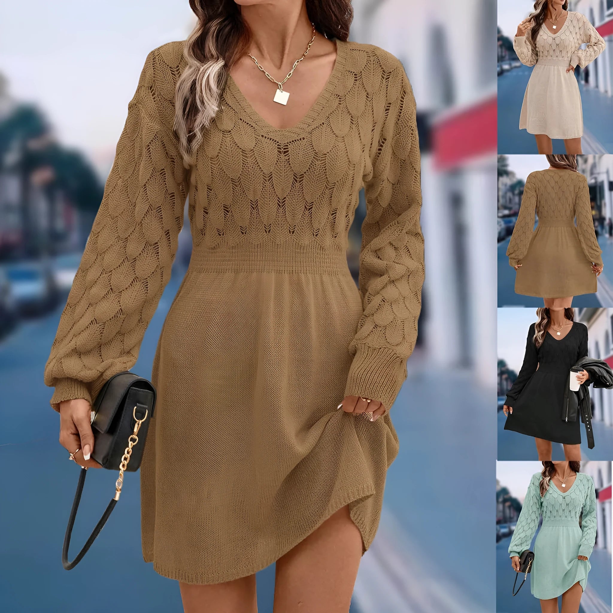Artistic retro V-neck long sleeve beach dress with a 3D pattern on a midi skirt.