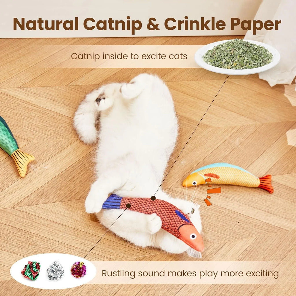 Soft plush catnip fish kicker toy in green colour with organic filling and crinkle sound elements