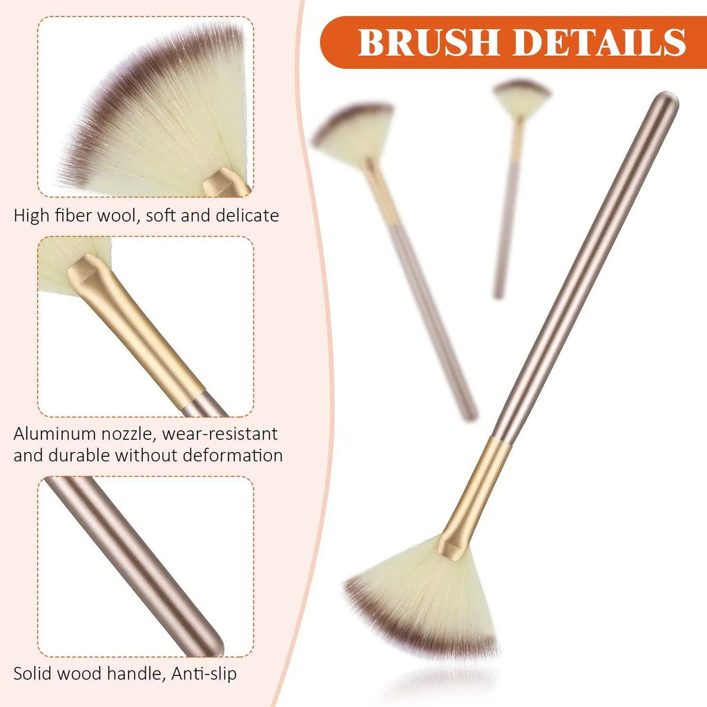 10 professional facial fan brushes with champagne finish and protective covers