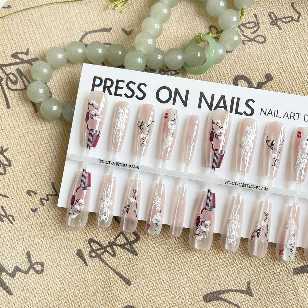 Retro cat eye long ladder fake nails for ladies in Moon Rhyme colour with ultra-thin seamless design 40 pieces