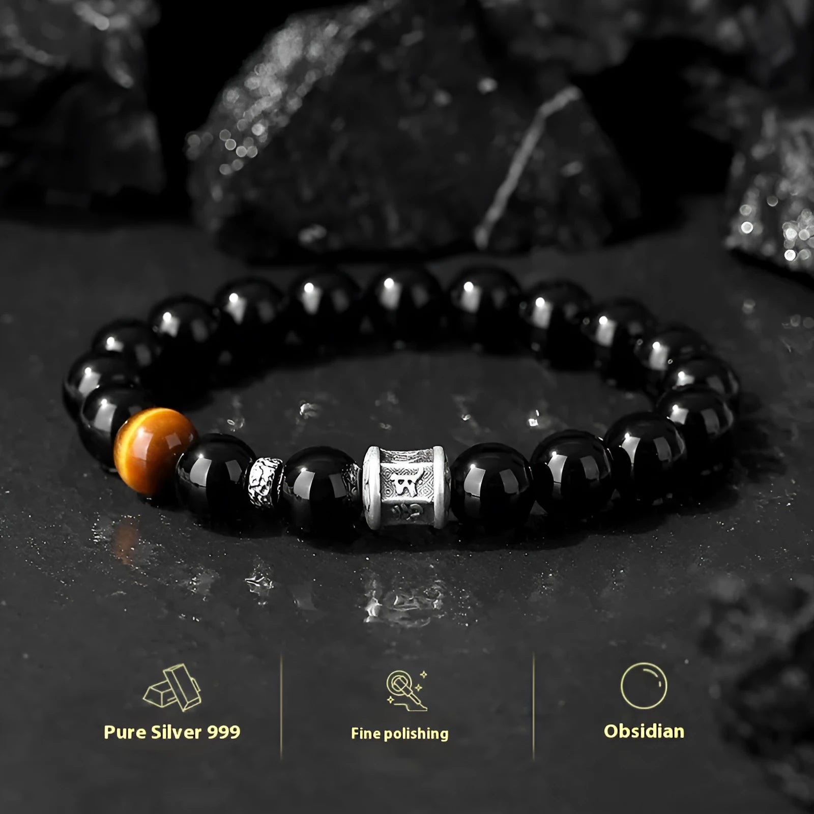Men's obsidian bracelet with pure silver elements and six-word mantra prayer wheel design