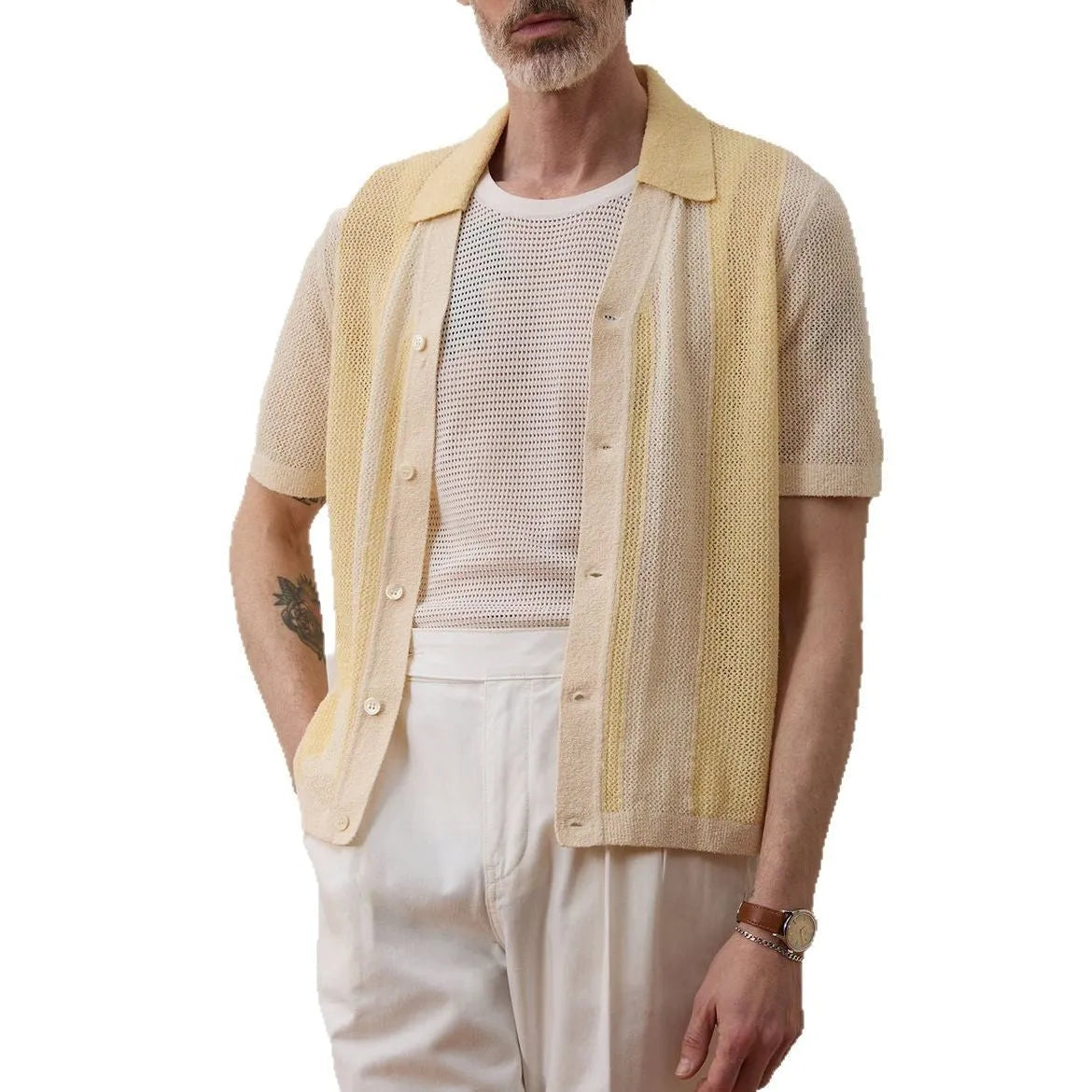 Yellow asymmetric hollow-out short sleeve polo shirt made from Tencel fabric on a model.