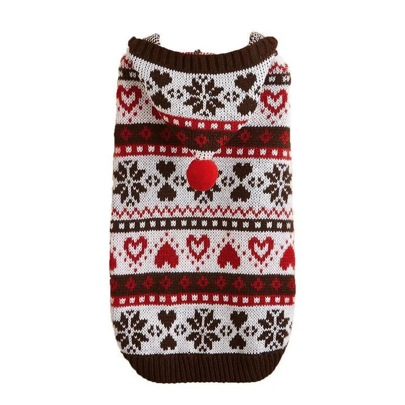 Acrylic knitted dog sweater with snowflake stripes in pink on small white dog