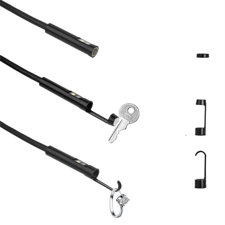 F300 wireless dual lens endoscope with IP68 waterproof rating and 20-metre cable next to hook and magnet accessories.