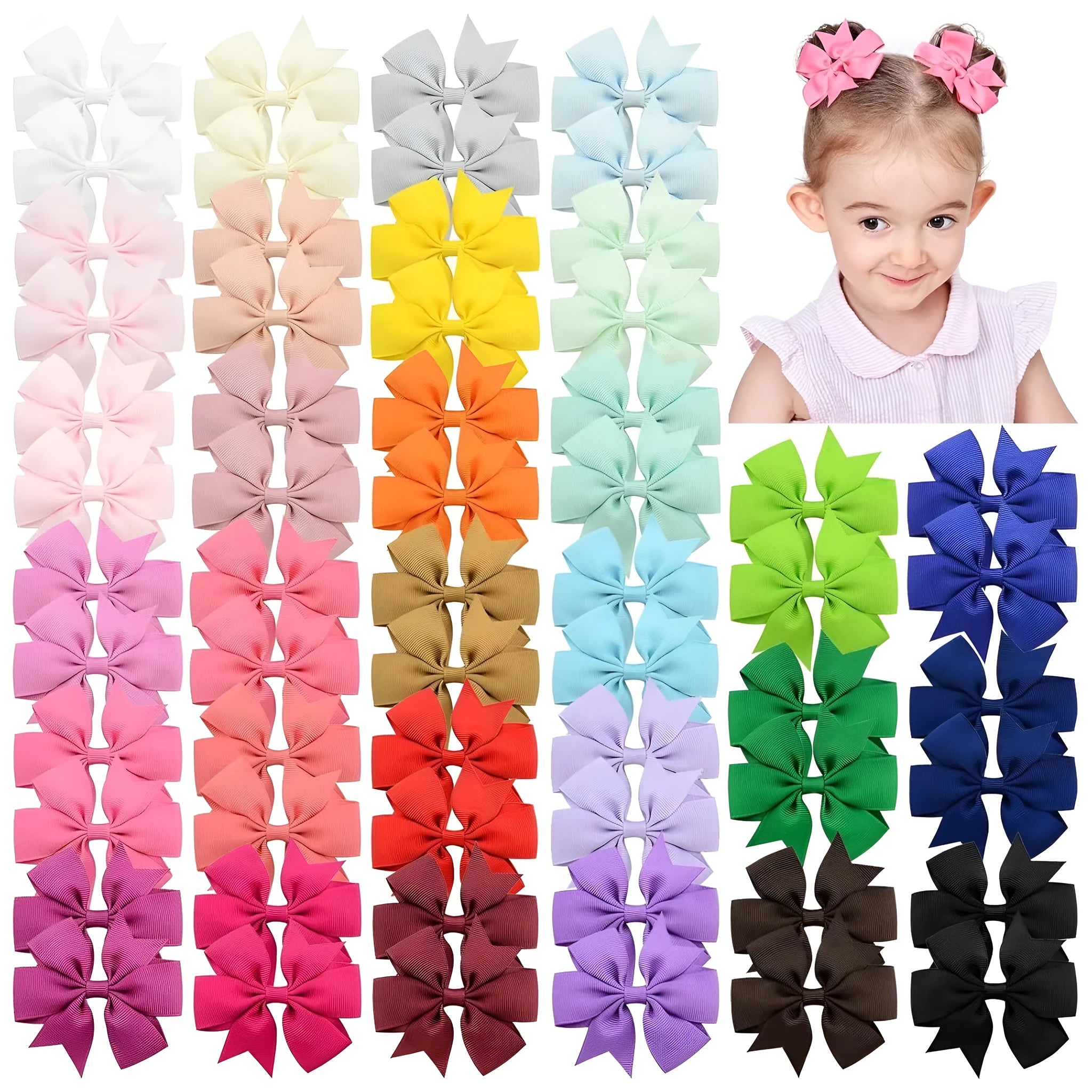 Assortment of colourful 3-inch grosgrain ribbon pinwheel hair bows with alligator clips for toddlers.
