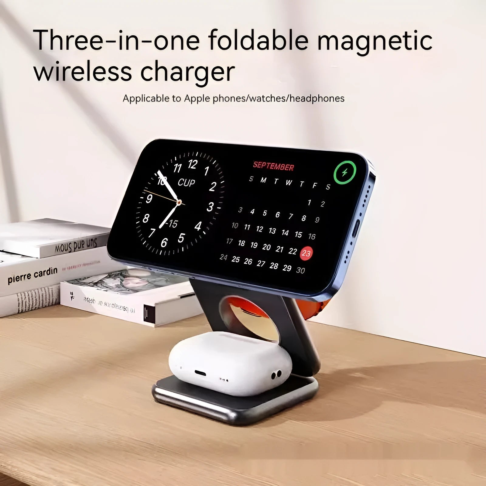 Foldable magnetic wireless car phone charger holder in white on car dashboard