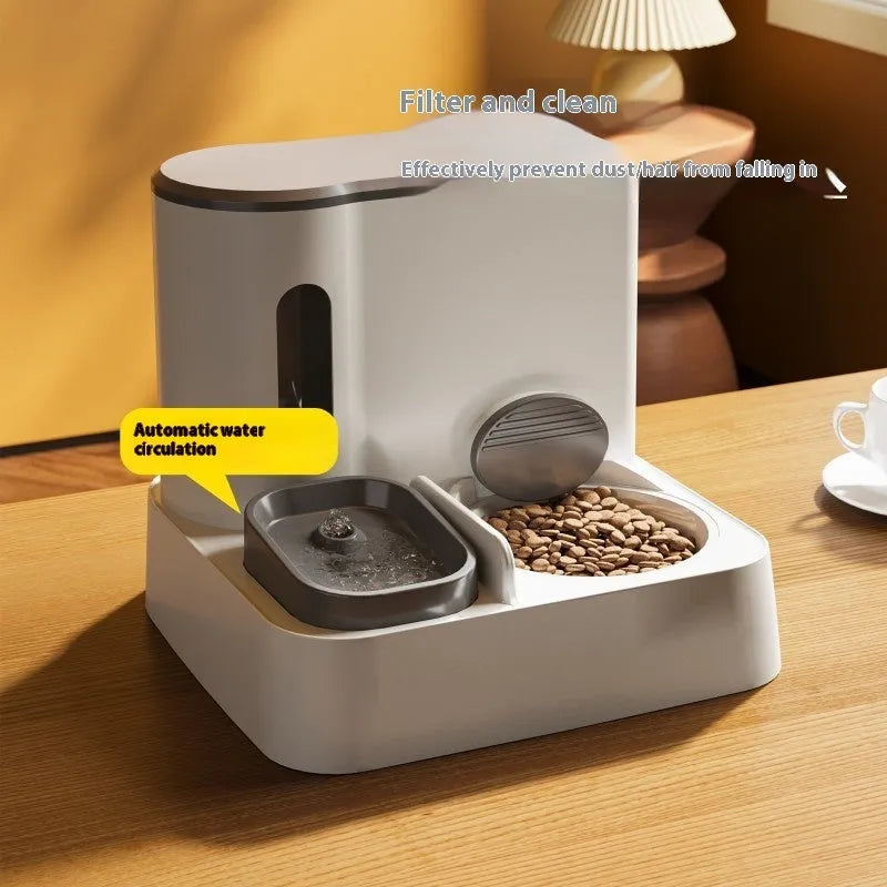 Grey automatic cat feeder and water dispenser unit with two bowls.