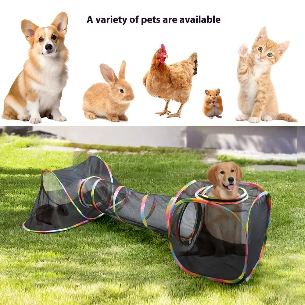 Foldable mesh cat roll cage toy showing multiple tunnel design options for indoor cat play