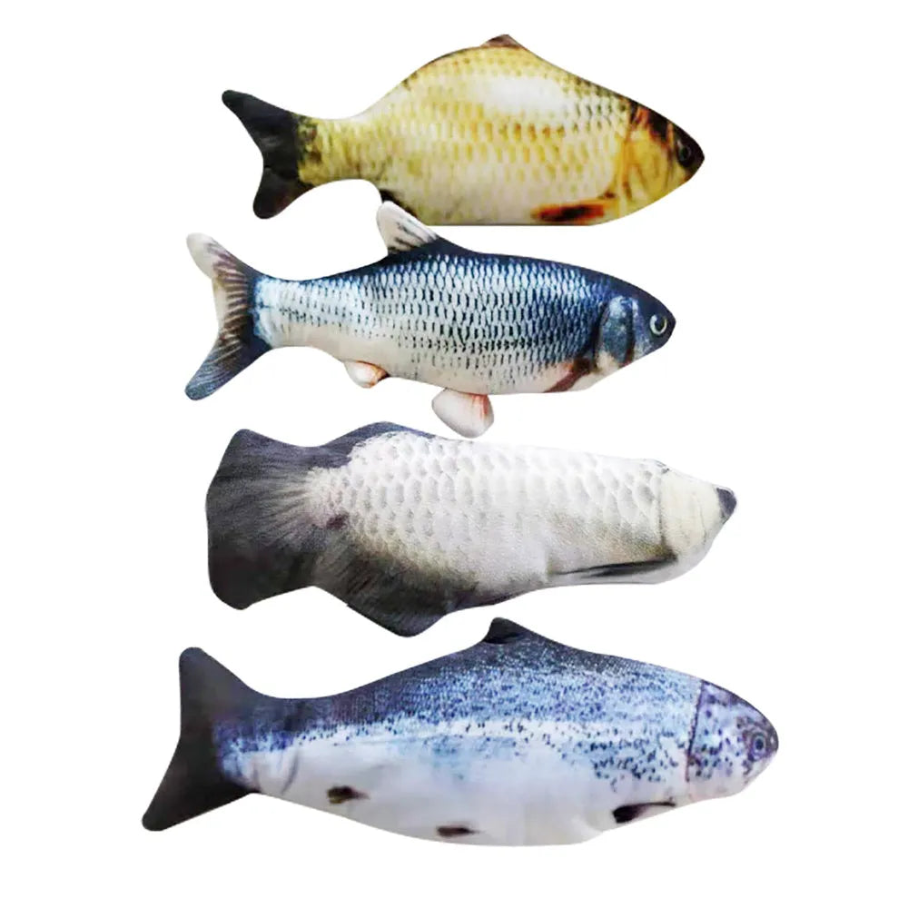 USB rechargeable electronic jumping fish cat toy in multicolour, 30cm long.