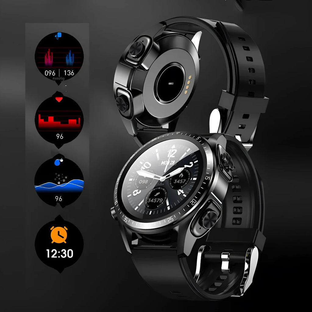 Black smart watch with silicone strap displaying blood pressure and oxygen data on its 1.28-inch colour screen.