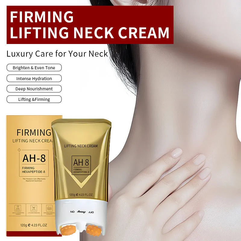 Roller neck cream container measuring 8.8cm wide with 120g firming moisturiser for wrinkle reduction