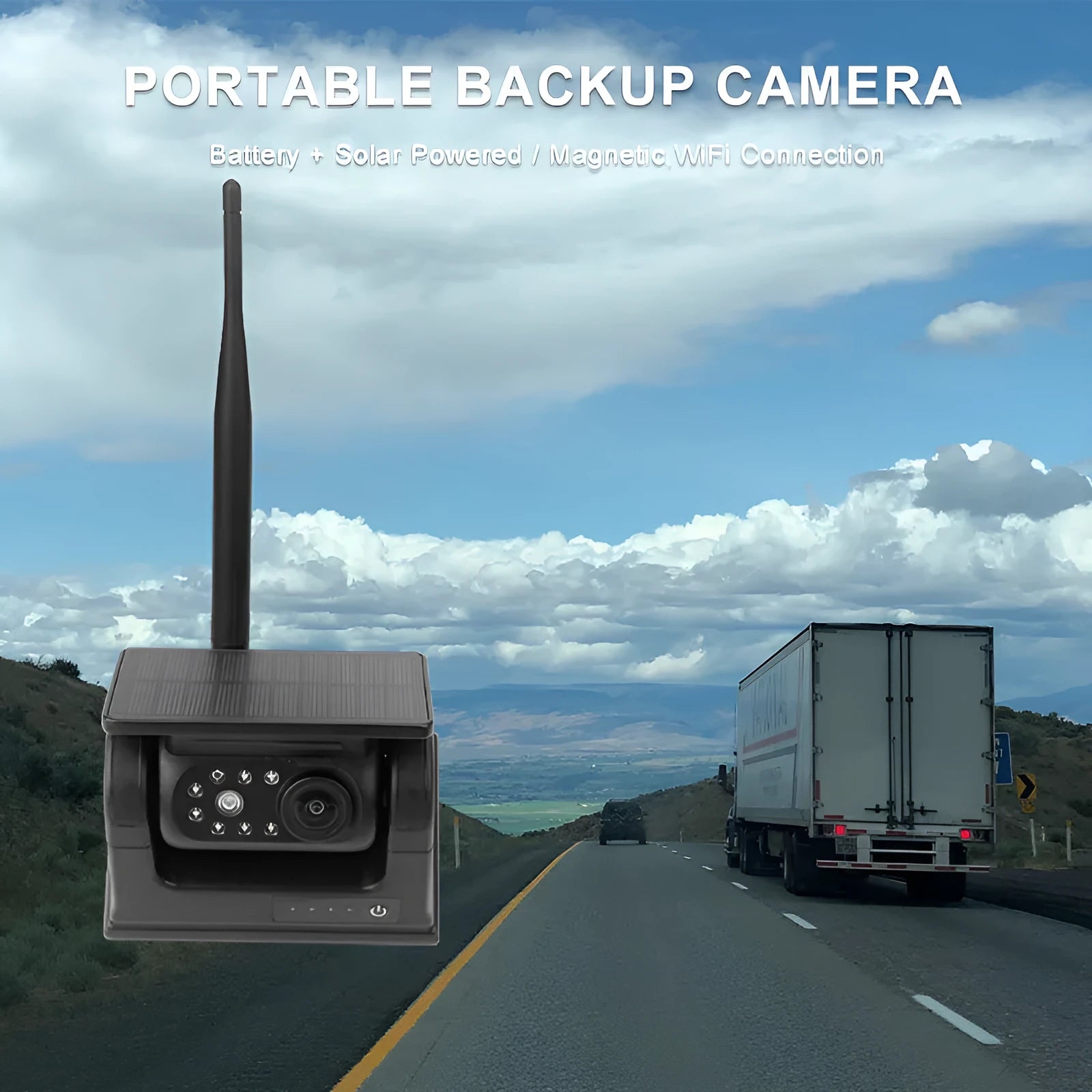 Solar-powered wireless reversing camera with magnetic mount, shown in black.