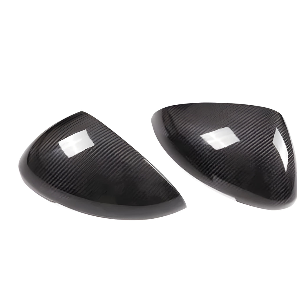 Pair of black true carbon fibre rearview mirror covers for Porsche Macan SUV.