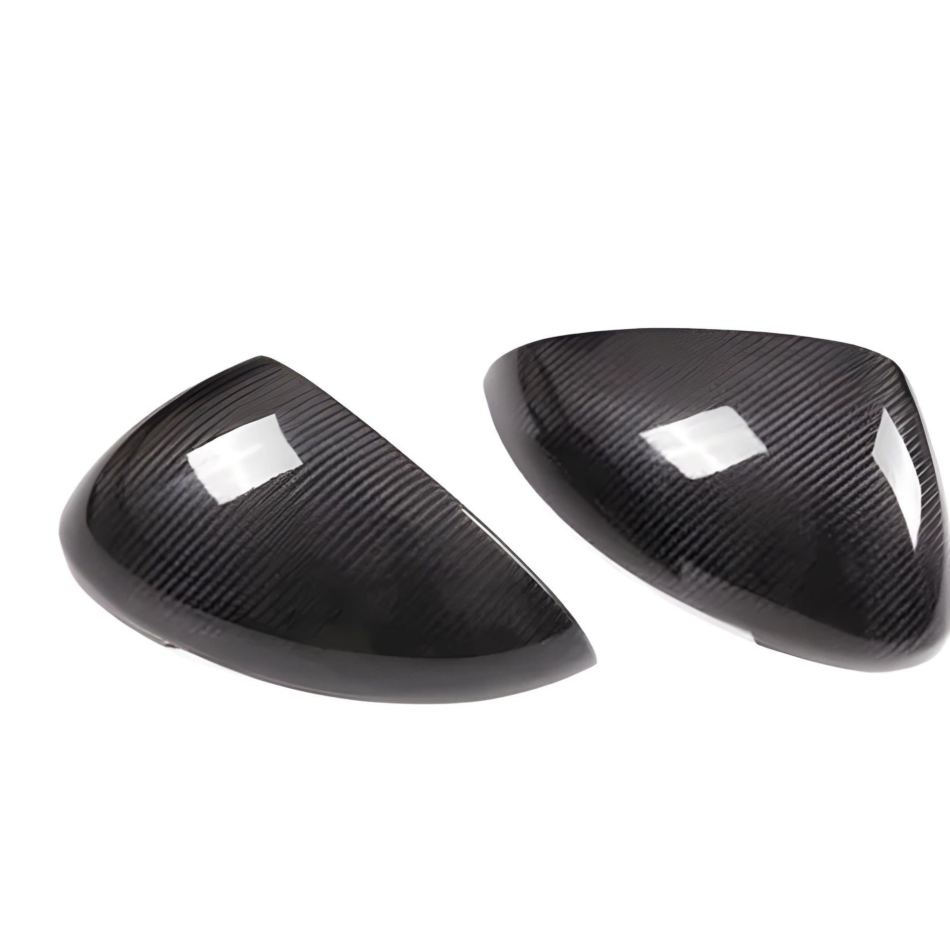 Pair of black true carbon fibre rearview mirror covers for Porsche Macan SUV.