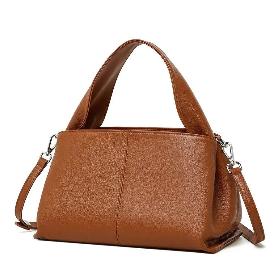 Women's apricot cowhide leather messenger bag with horizontal square shape and double shoulder straps
