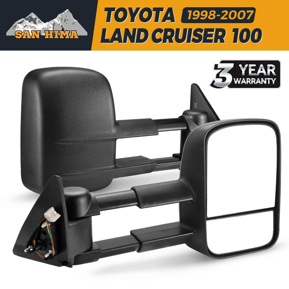 Pair of black foldable rearview mirrors for Toyota Land Cruiser 100 (1998-2007 models)