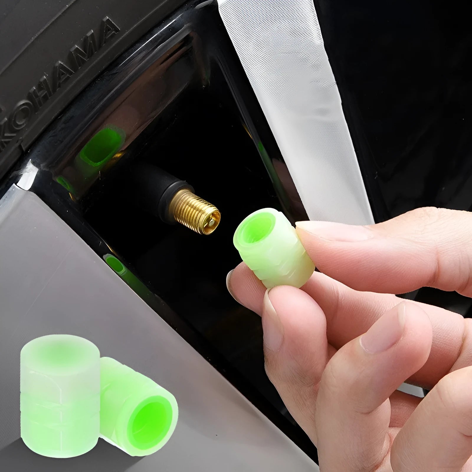 Car luminous valve caps showing glow feature and rubber construction with 16mm x 12mm dimensions