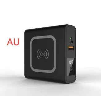 PD20W fast power bank with Super QI wireless charging and 4-in-1 international plug adapter in black colour