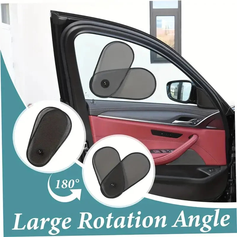 Black breathable car window shade with suction cups stretched across a car side window